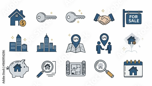 Real Estate Icons - House, Key, Handshake, For Sale Sign, Cityscape, GPS, Piggy Bank, Magnifying Glass, Blueprint, Calendar.