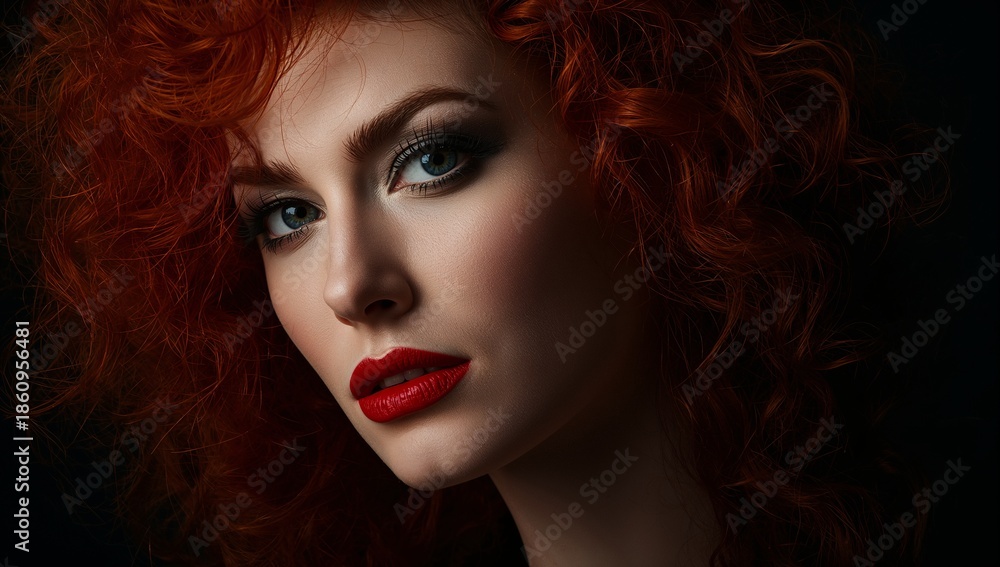 Fototapeta premium Dramatic Fashion Portrait of Woman with Red Curly Hair and Bold Makeup