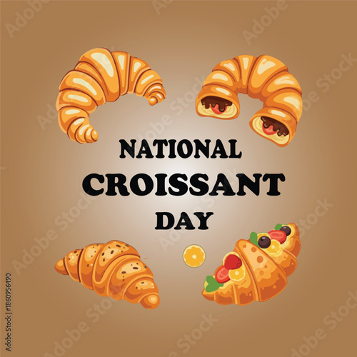 Vector set of four croissants with chocolate, seeds, fruit, and jam for National Croissant Day celebration