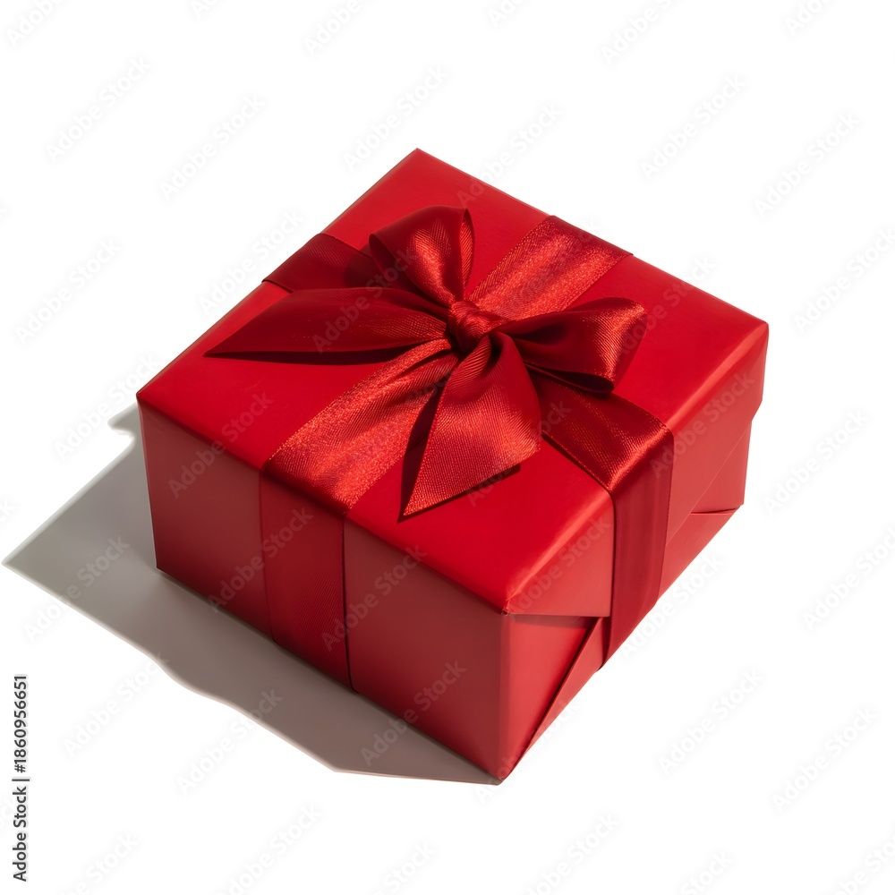 Fototapeta premium A beautifully wrapped red gift box with a vibrant satin ribbon bow presented solo