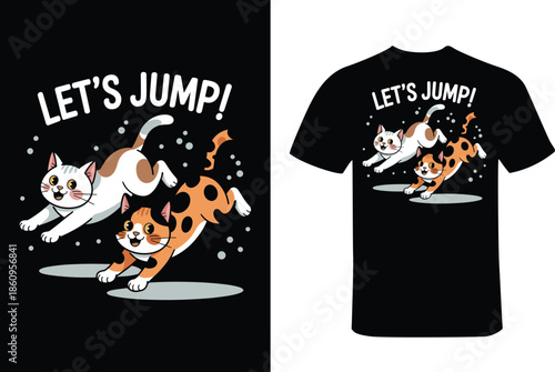 Three Cats Jumping on Black T- Shirt white orange