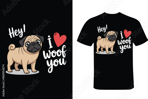 Black Tshirt with Pug Dog and I Love Woof You Text