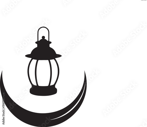 Black lantern on crescent moon white