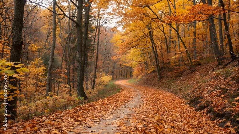 Fototapeta premium A serene forest path covered in autumn leaves