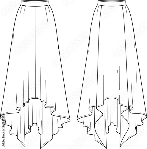 Asymmetrical high low skirt technical fashion illustration front and back views outline vector for women apparel design pattern development