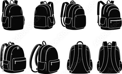 Backpack icons set, school travel laptop bags collection black solid vector illustration for education hiking tourism UI design apps branding isolated symbols