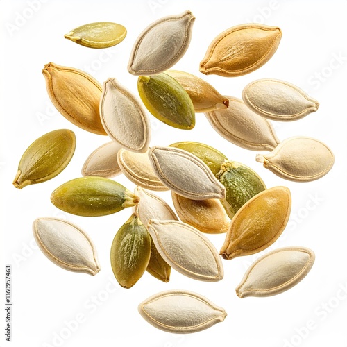 Wallpaper Mural Scattered assortment of roasted, toasted, and raw pumpkin seeds on white Torontodigital.ca