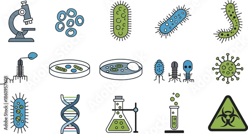 Collection of colorful flat style icons representing various microbiology concepts including bacteria viruses laboratory equipment and the essential biohazard warning symbol