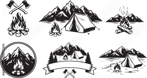 A collection of black and white camping themed illustrations featuring mountains, campfires, tents, and axes