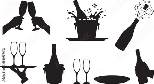 A collection of black silhouette icons featuring champagne bottles and glasses