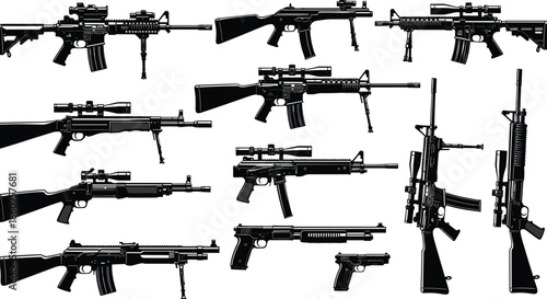 Black firearm silhouettes set featuring pistols and assault rifle, isolated vector illustration for security, crime, military, defense concepts, design, icon, collection, symbol