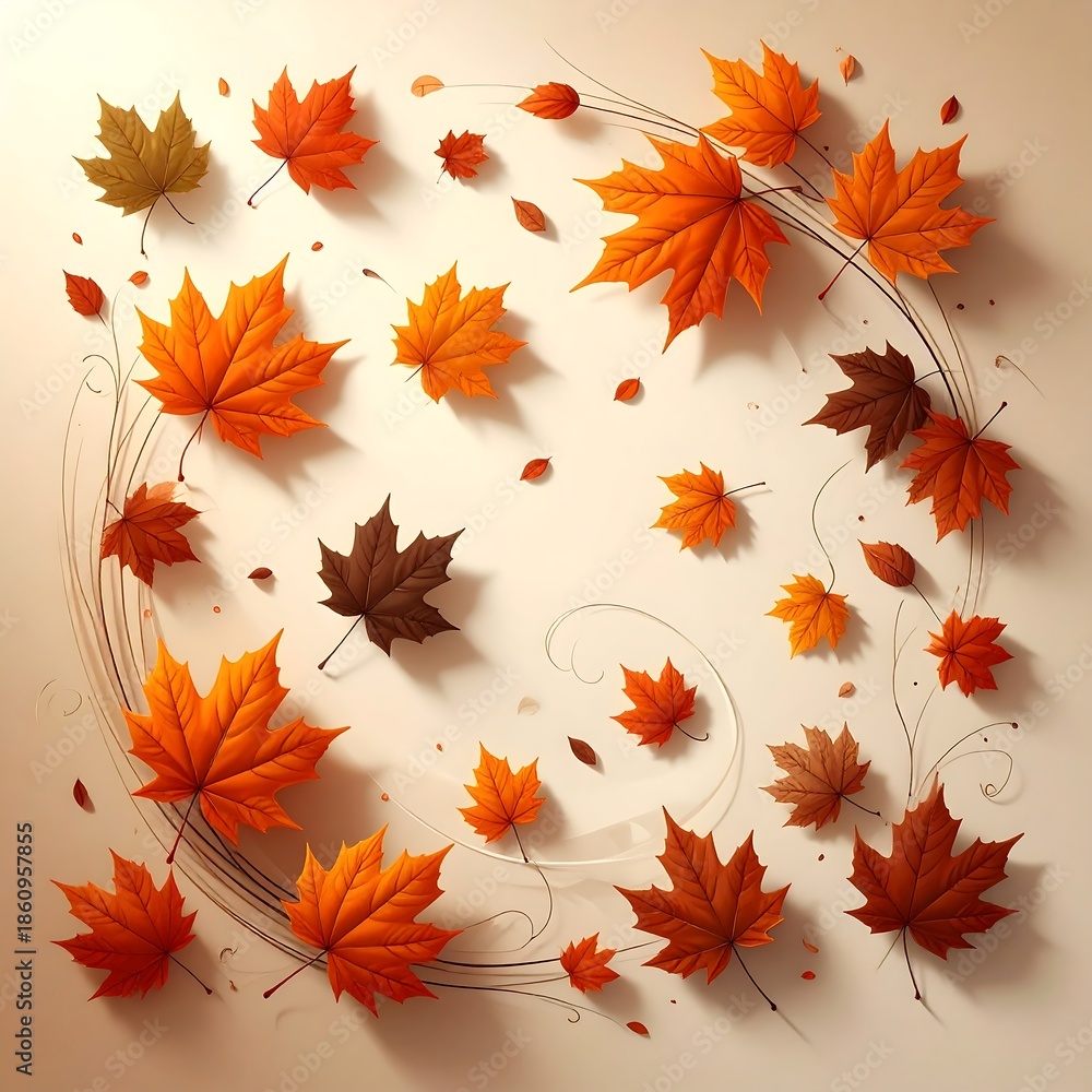 Fototapeta premium A flat-lay composition of vibrant autumn maple leaves in various shades scattered on a cream-colored surface with subtle curled accents