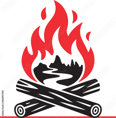 A striking campfire icon with red flames and logs featuring mountains within the burning fire