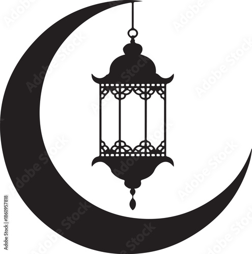 Black silhouette of crescent moon with hanging lantern 1