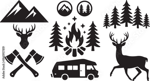 A variety of black silhouettes illustrating mountains, deer, pine trees, campfires, axes, and a recreational vehicle