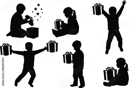 Children opening gift boxes silhouette vector illustration, happy kids celebrating birthday or Christmas presents, childhood joy concept, isolated black and white design