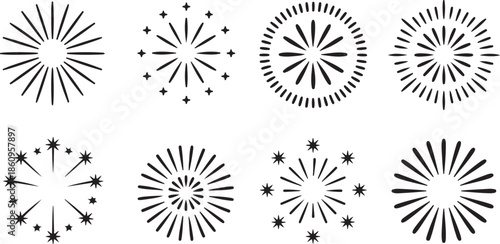 Different styles of radial sunburst and star explosion black line graphic elements