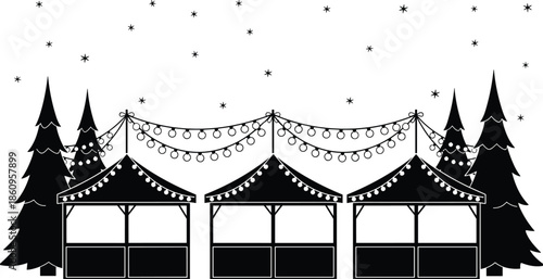 Christmas market stalls silhouette vector illustration, winter holiday fair with festive lights and pine trees, seasonal celebration design, isolated black and white art