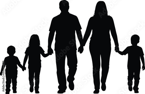 Silhouette of a happy family with father mother and three children walking together holding hands representing love unity and togethernessSilhouette of a happy family 