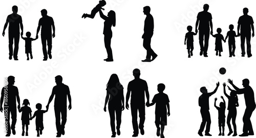 Silhouette of a happy gay male couple with two children walking together holding hands representing a modern diverse family unit