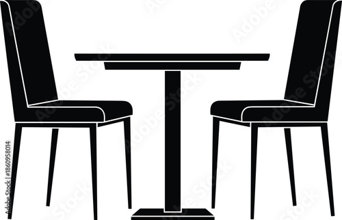 Dining table with two chairs silhouette vector illustration, modern furniture interior design set, restaurant cafe seating concept, isolated black and white style