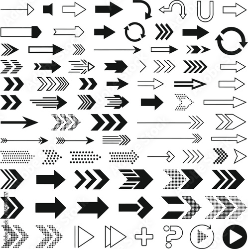 Collection of various black arrows and symbols on white background