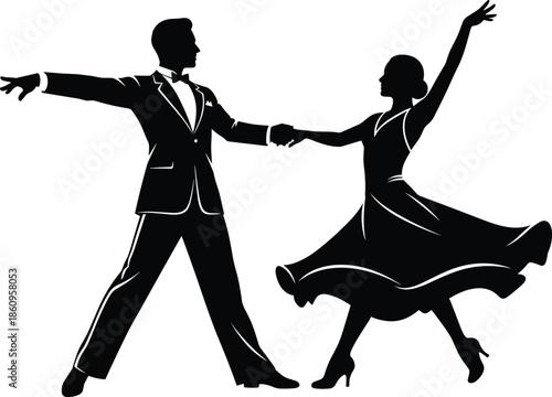 Elegant ballroom dance couple silhouette isolated on white background, classic tango waltz performance vector illustration for romance celebration event design