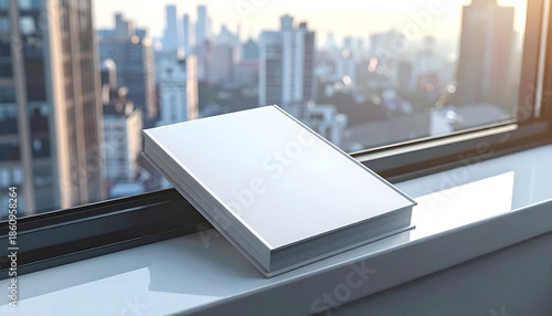 Blank white book with textured cover resting on an urban window ledge with cityscape in the background