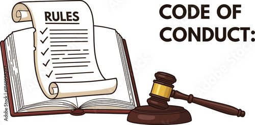 Illustration depicting an open book with a checklist of rules alongside a wooden judge's gavel representing authority and legal compliance requirements.