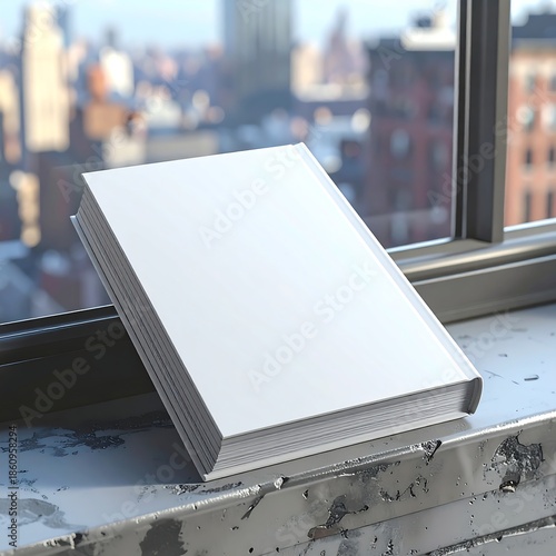 A pristine blank white hardcover book, tilted at 45 degrees, rests on an urban window ledge with a blurred city skyline in the background, captured from an high overhead view perspective