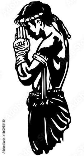 Black silhouette of a Muay Thai fighter performing the traditional Wai Khru Ram Muay ritual.