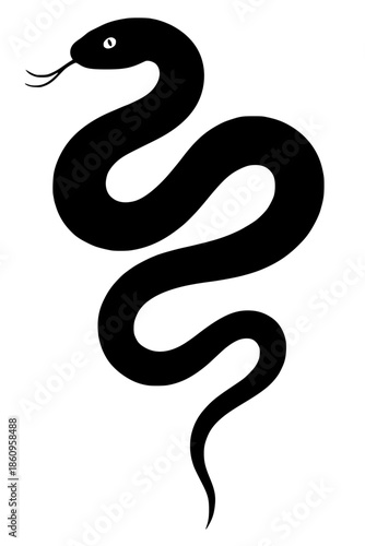 Sleek black silhouette of a winding snake with a flickering tongue. Clean animal graphic representing nature, wildlife, elegance, and symbolic meanings like transformation or danger.