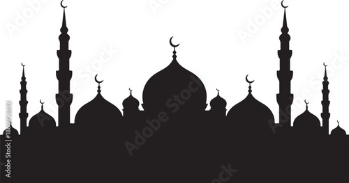 Black silhouette of mosque with domes and minarets 2