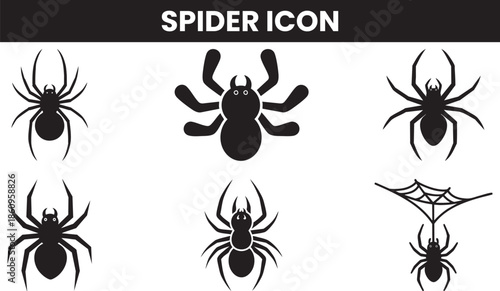 A collection of various black spider icons and a spiderweb design demonstrating different stylistic approaches