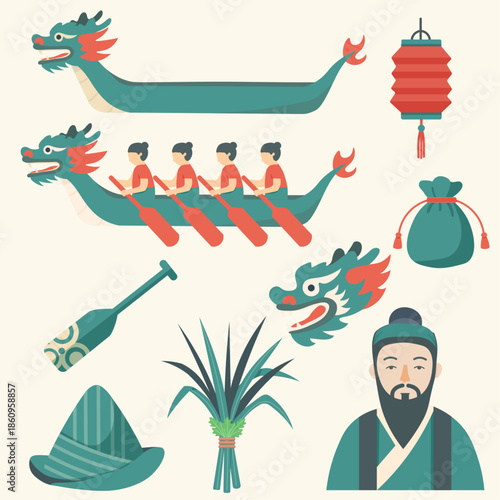 Dragon Boat Festival Traditional Vector Illustration Set