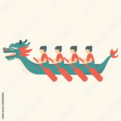 Dragon Boat Racing Team Rowing Vector Illustration