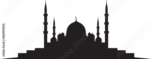 Black silhouette of mosque with minarets and dome white