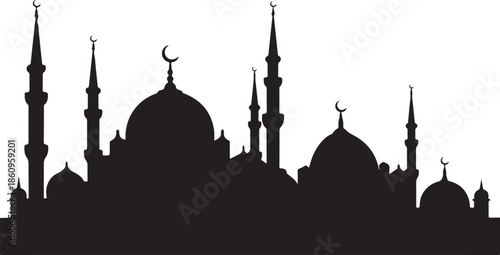 Black silhouette of mosque with minarets and domes
