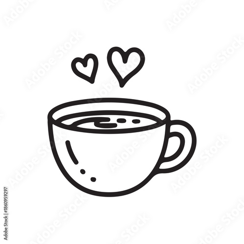 A simple black and white illustration depicts a cup of coffee with two hearts floating above it