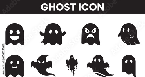 A collection of various black and white ghost icons showcasing different expressions and forms for halloween themes