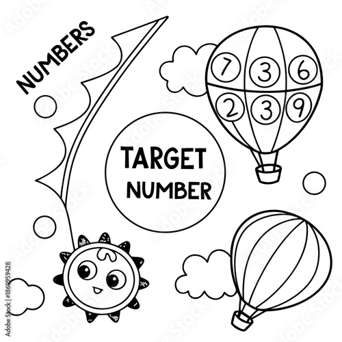 Numbers Puzzle: An educational illustration, presenting an engaging numbers puzzle. The scene features playful elements such as a sun and hot air balloons.
