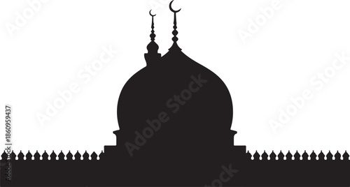 Black silhouette of mosque with two minarets and crescent moons