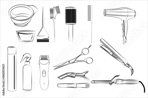 Set of black and white professional hair salon equipment icons including scissors, hair dryer, combs, and styling tools on a white background.