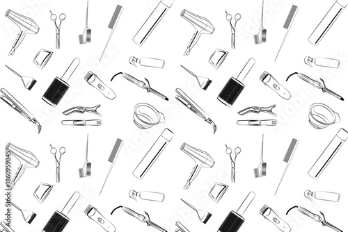Seamless pattern of black and white hair salon tool icons including hair dryers, scissors, combs, and brushes on a clean white background.