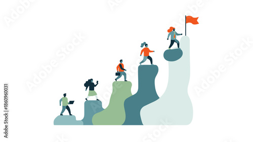 Climbers Ascending Mountain Peak with Flag.