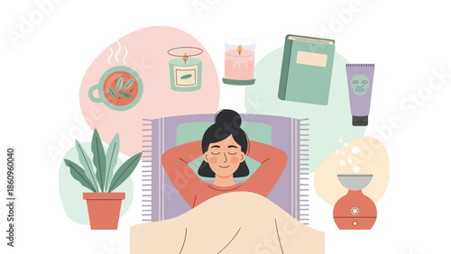 Woman Relaxing with Skincare Products Around Her.