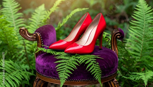 A pair of vibrant red high-heeled shoes rests on a vintage purple velvet armchair surrounded by lush green foliage