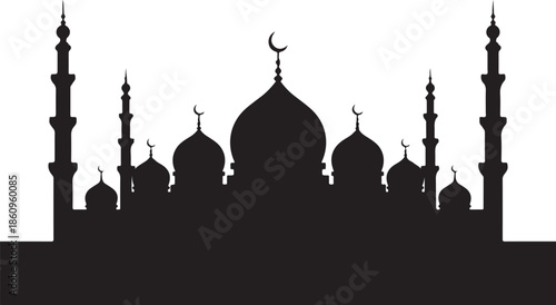 Black silhouette of mosque with domes and minarets on white background