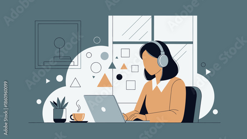 Woman Wearing Headphones Working on Laptop.