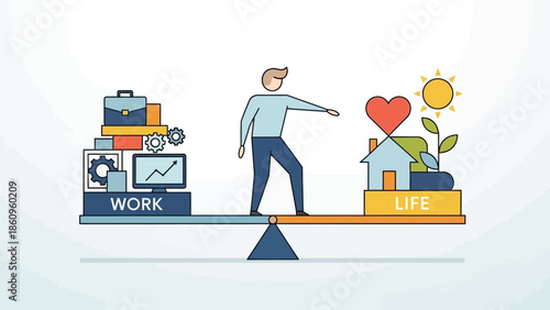 Man Balancing Work and Life on Scale.